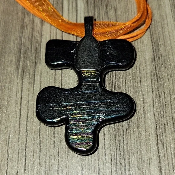 Autism Awareness Orange Multi Fused Glass Handmade Artisan Puzzle Pendant - Picture 7 of 7